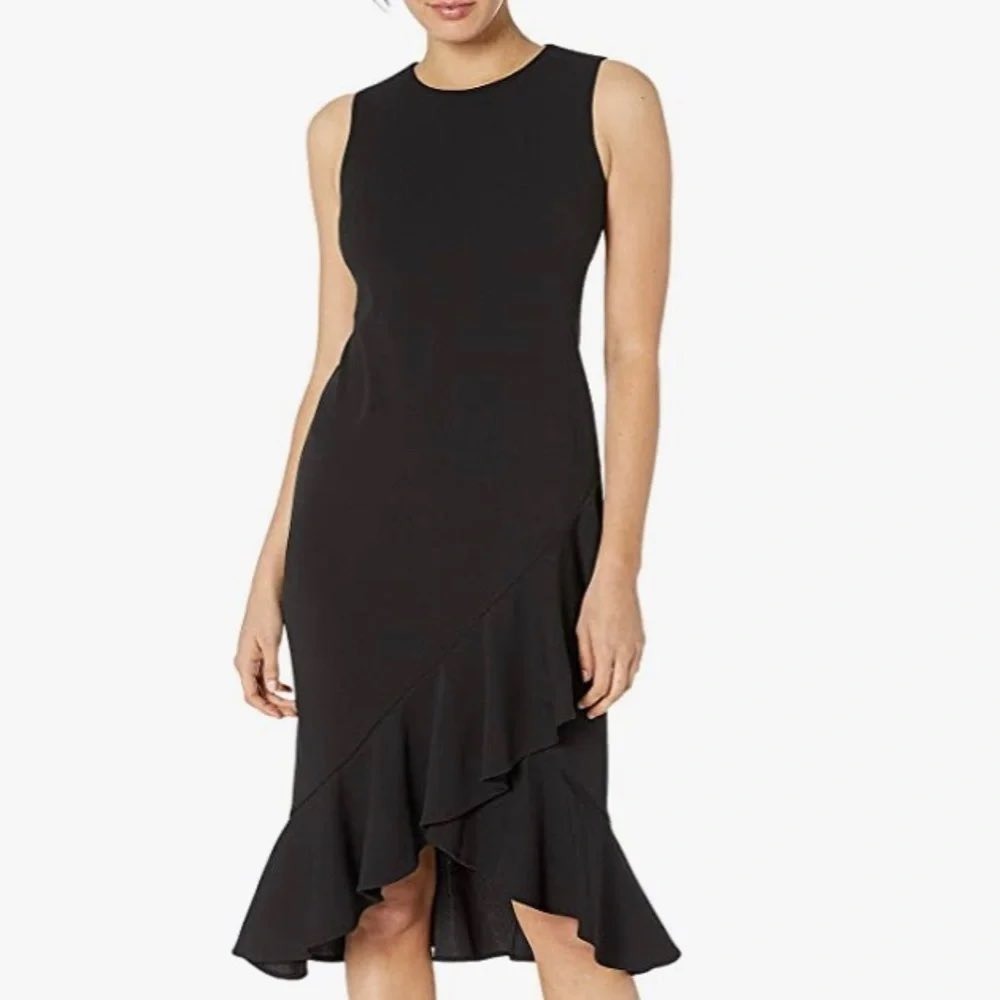 Calvin Klein Black Asymmetrical Ruffle Hem Sheath Dress CD9C11QW Size 6